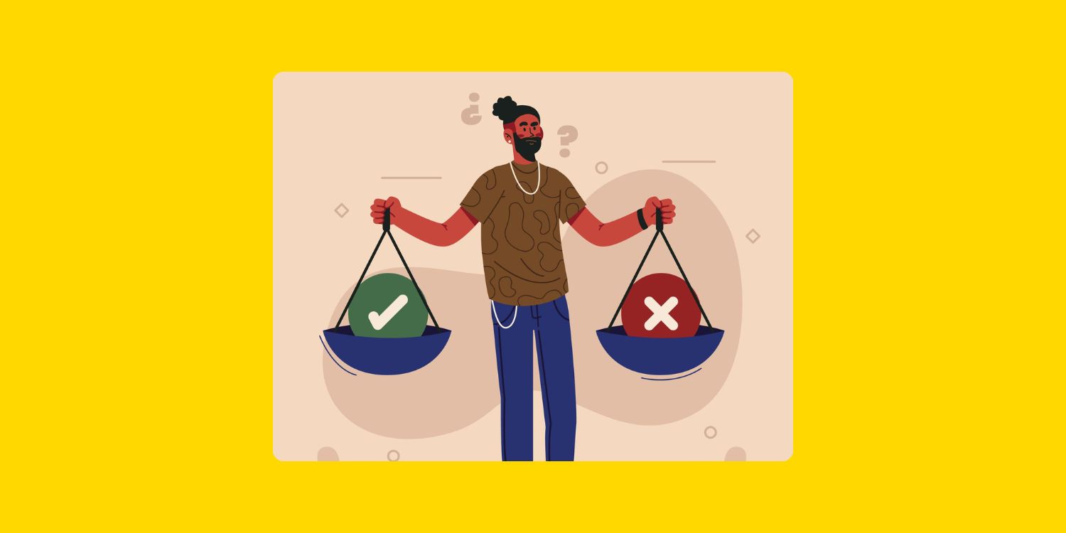 Illustration d’un homme tenant une balance avec un symbole de validation et un symbole d’erreur, représentant les dilemmes des grands donateurs américains face à leurs choix philanthropiques.